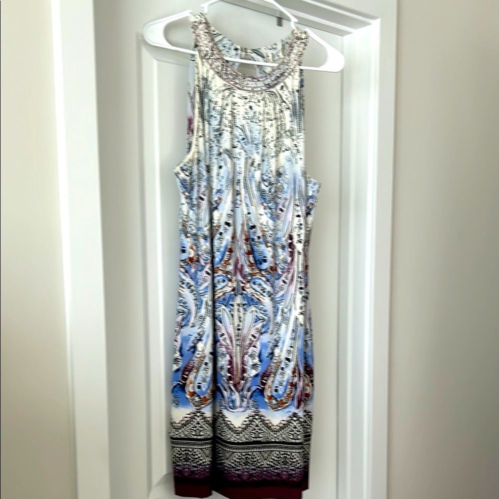 White House Black Market Blue /burgundy/purple, and white Halter Midi Sundress